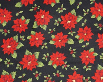 Poinsettia Fabric, Poinsettia Toss on Black Holiday at Home by Painted Sky Studio for Benartex Quilting Cotton Fabric 13036-12B