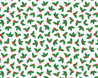 Holly Fabric, Holly on White Sugar and Spice by Nicole DeCamp by Benartex Kanvas Studio Quilting Cotton Fabric 14576-09B