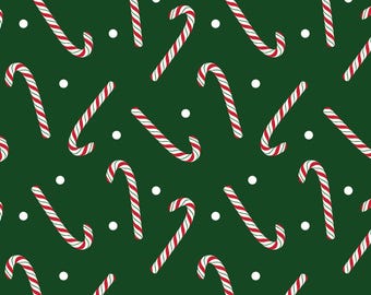 Candy Cane Fabric, Jolly Candy Canes on Green Country Christmas by Benartex Kanvas Studio Quilting Cotton Fabric, 14012-44B