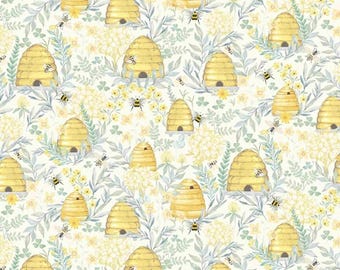 Honey Bee Fabric, Beehive Grove on Cream Home Sweet Home Collection by Timeless Treasures Quilting Cotton Fabric, Beehive Fabric