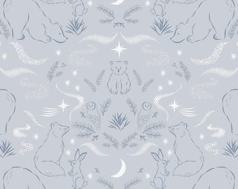 Arctic Animal Fabric, Arctic Lights on Light Gray by Lewis and Irene Quilting Cotton Fabric, Polar Bears, Arctic Fox and Owls CC28.1