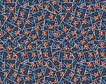 Patriotic Stamps Fabric, Letters from Home Stamps on White by Riley Blake Quilting Cotton Fabric, Quilt of Valor Fabric, C15613-NAVY