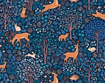Woodland Animal Fabric, Flora and Fauna Midnight on Sapphire Blue by Amanda Murphy for Benartex Contempo Quilting Cotton Fabric 17051B-56