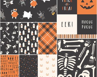 Halloween Fabric Bundle, Hey Bootiful 1 Yard Charcoal bundle includes 2 panels 9 pieces My Mind's Eye for Riley Blake Quilting Cotton Fabric