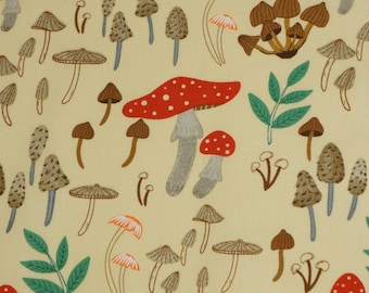 Mushroom Fabric, Ditsy Mushrooms on Creamy Yellow by David Textiles Novelty Cotton Fabric