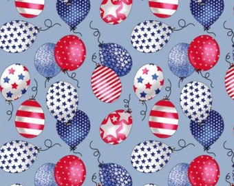 Patriotic Balloon Fabric, 4th of July Balloons on Light Blue from the Paws for America Collection by Studio E Quilting Cotton Fabric