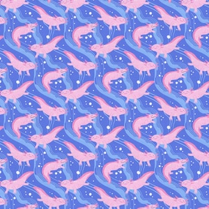 May include: A repeating pattern featuring light pink axolotls swimming across a vibrant blue background. The design includes wavy light blue lines and small white circular bubbles interspersed between the axolotls, creating a fluid aquatic scene.