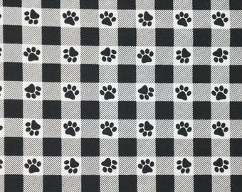 Buffalo Plaid Paw Print on Black and White Novelty Cotton Fabric, Dog Paw Fabric, Cat Paw Fabric,