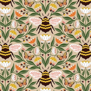 Bee Floral Fabric, Bee-utiful on Tan from the Honey Garden Collection by Juliana Tipton for Cloud 9 Organic Quilting Cotton Fabric 227770-X