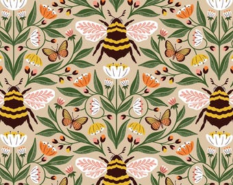 Bee Floral Fabric, Bee-utiful on Tan from the Honey Garden Collection by Juliana Tipton for Cloud 9 Organic Quilting Cotton Fabric 227770-X