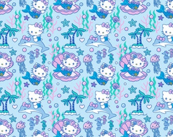 Hello Kitty Fabric, Hello Kitty Mermaid on Light Blue Licensed by Sanrio for Springs Creative Novelty Cotton Fabric, Hello Kitty Mermaid
