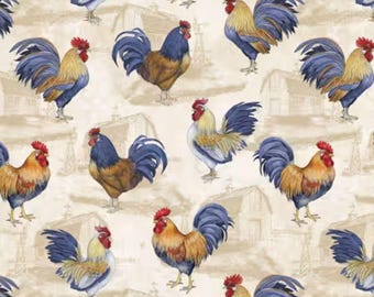 Rooster Fabric, Roosters All Over on Cream by Susan Winget for Wilmington Prints Quilting Cotton Fabric, Chicken Fabric 39864-243