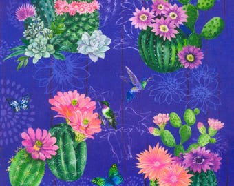 Succulent Fabric, Iris Desert Blooms by Elena Vladykina for Robert Kaufman Quilting Cotton Fabric, Echevaria Fabric, Aeonium Fabric