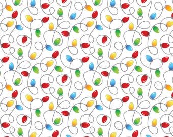 Christmas Lights Fabric, Holly Jolly Lights on White Country Christmas by Benartex Kanvas Studio Quilting Cotton Fabric 14010-09B