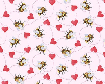 Valentine Honey Bee Fabric, Multi Tossed Bees Bee Mine by Henry Glass Quilting Cotton Fabric, Henry Glass Valentine Fabric, Bee Fabric