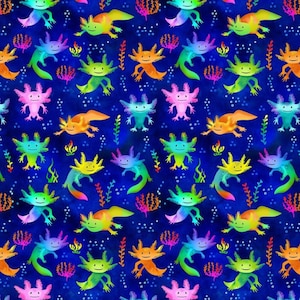 Axolotl Fabric, Cute Axolotl Salamanders by Gail Cadden for Timeless Treasures Quilting Cotton Fabric, Rainbow Axolotls, Digitally Printed