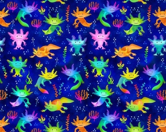 Axolotl Fabric, Cute Axolotl Salamanders by Gail Cadden for Timeless Treasures Quilting Cotton Fabric, Rainbow Axolotls, Digitally Printed