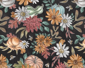 Pumpkins with Flowers Fabric, Pumpkins with Flowers on Charcoal Late Summer Harvest Collection by Blank Quilting Cotton Fabric Autumn Fabric