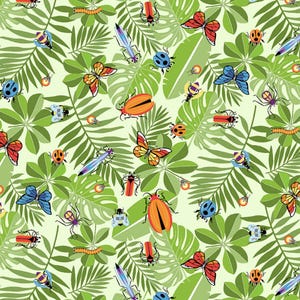 May include: A repeating pattern on a light green background featuring various colorful insects including butterflies, ladybugs, bees, beetles, and spiders interspersed among detailed green tropical palm and monstera leaves.