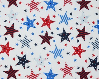 Patriotic Stars Fabric, Red White and Blue Patterned Stars on White Patriotic Novelty Cotton Fabric, Patriotic Fabric