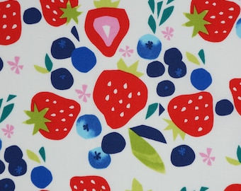 Strawberry and Blueberry Fabric, Sweet Strawberries on White Novelty Cotton Fabric, Summertime Fabric, Berry Fabric, Blueberry Fabric