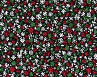 Snowflake Fabric, Red Green and White Snowflakes on Black Christmas Novelty Cotton Fabric, Farmhouse Snowflakes, Winter Theme Fabric