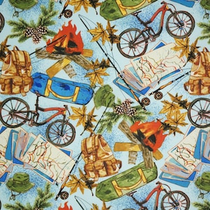Camping Fabric, Going Places on Blue by David Textiles Novelty Cotton Fabric, Camping Gear Fabric, Biking Fabric