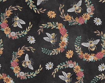 Bee Fabric, Bees with Wreaths on Charcoal Late Summer Harvest Collection by Blank Quilting Cotton Fabric, Floral Bumble Bee Fabric