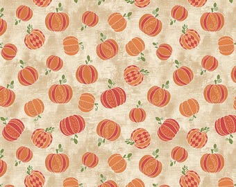 Pumpkin Fabric, Tossed Pumpkins on Tan by Cherry Guidry for Contempo Benartex Quilting Cotton Fabric, Hello Pumpkin, 16287-70B