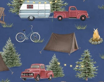 Camping Fabric, Camping Scenic Allover on Navy by Danielle Murray Wilmington Prints Quilting Cotton Fabric, Evergreen Escape