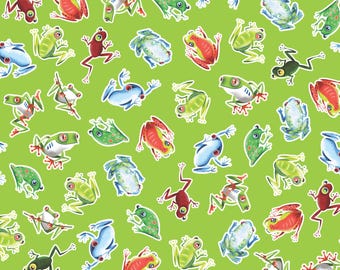 Frog Fabric, Hop to It Glow on Lime Green by Kanvas Studio for Benartex Quilting Cotton,  Tropical Tree Frog Fabric, Red Eyed Frog 14899G-43