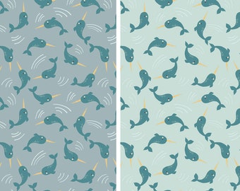 Narwhal Fabric, Riley Blake Quilting Cotton Fabric, Ocean theme fabric, Sea Animal Fabric, Ocean Nursery Fabric, Under the Sea, Whale Quilt