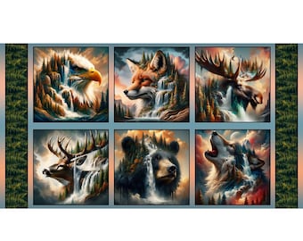 Wilderness Panel 23"x43" Wilderness Song by Marilynn Lee for Blank Quilting Cotton Fabric, Wild Animal Quilt Block Panel 10.75"x10.5" Blocks