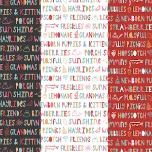 Summer Words Blender on Black White or Red, Hopscotch and Freckles by Poppie Cotton Quilting Cotton Fabric, Summer Theme, Summer Fun Fabric
