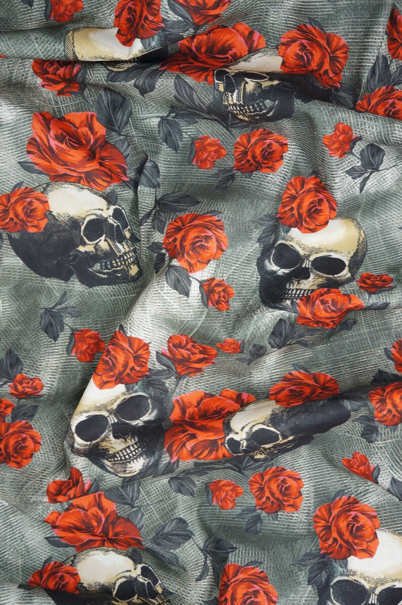 Skulls And Roses Fabric, Tossed Skulls and Red Roses Novelty Cotton Fabric image 8