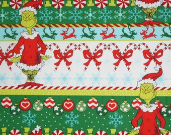 Grinch Fabric, The Grinch Dr. Seuss How the Grinch Stole Christmas Border Stripe Licensed Quilting Cotton Fabric
