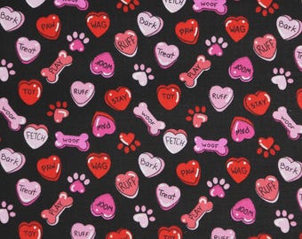 Valentine Dog Bone Fabric, Dog Bones and Candy Hearts on Black by Fabric Traditions Novelty Cotton Fabric, Dog Bandana Fabric