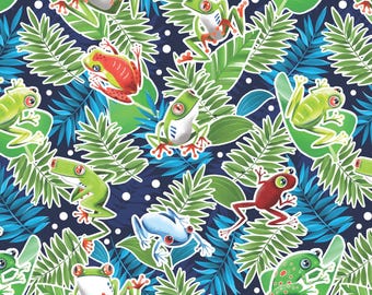 Frog Fabric, Rainforest Frog Glow on Navy by Kanvas Studio for Benartex Quilting Cotton, Tropical Tree Frog Fabric, Red Eyed Frog