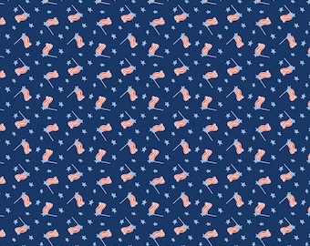 Patriotic Fabric, Red White and Bang Flags Navy Riley Blake Quilting Cotton Fabric, Navy Patriotic Flag Fabric, Small Print Flags