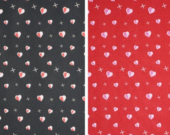 Hearts and Kisses on Black and Red Valentine's Day Novelty Cotton Fabric, Pink and Red Hearts