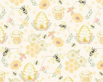 Bee Fabric, Quilting Bees on Cream from the Home Sweet Home Collection by Timeless Treasures Quilting Cotton Fabric, Watercolor Floral Bees