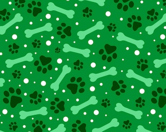 Dog Fabric, Paw and Bones on Green by David Textiles Novelty Cotton Fabric DX-4363-4C-9