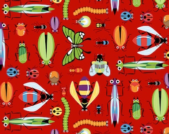 Bug Fabric, Big Bugs on Red from the Bug Bug Bug Collection by Tim Read for Henry Glass Quilting Cotton Fabric, Insect Fabric