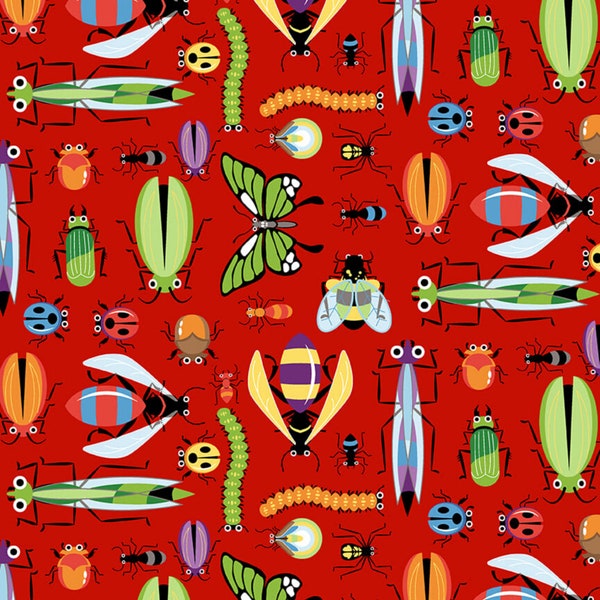 Bug Fabric, Big Bugs on Red from the Bug Bug Bug Collection by Tim Read for Henry Glass Quilting Cotton Fabric, Insect Fabric