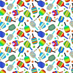 Pickleball Fabric, Pickleball Paddles on White by Timeless Treasures Digitally Printed Quilting Cotton Fabric, Pickleball Dink Fabric