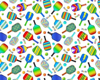 Pickleball Fabric, Pickleball Paddles on White by Timeless Treasures Digitally Printed Quilting Cotton Fabric, Pickleball Dink Fabric