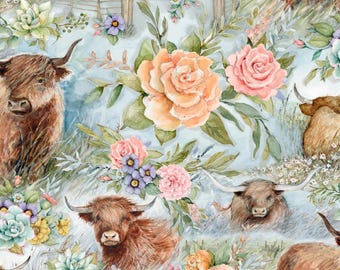 Highland Cow Fabric, Highland Cow Ranch with Flowers by Susan Winget for Springs Creative Novelty Cotton Fabric 81425-160028