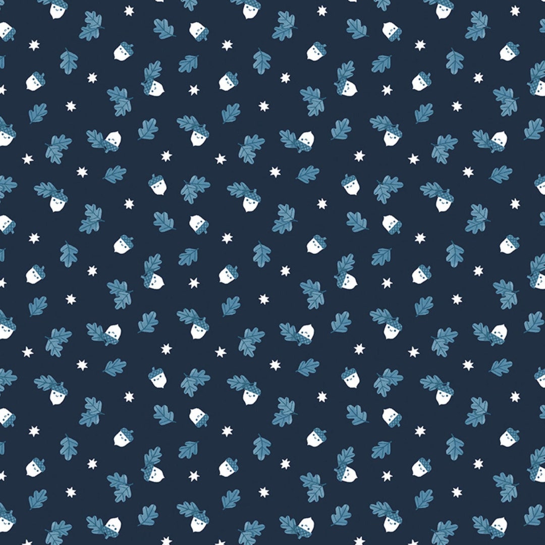 Acorn Fabric, Happy Acorns Twilight Creatures on Indigo by Natàlia