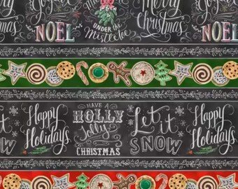 Christmas Border Fabric, Holiday Spirits Merry Little Christmas by Lily & Val for Michael Miller Quilting Cotton Fabric DDC12332-BLACK