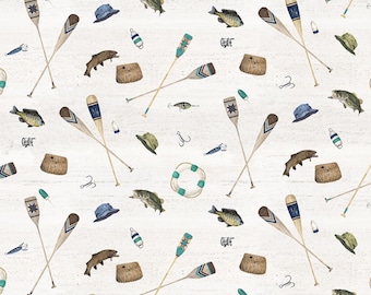 Fishing Fabric, Fishing Icons on Parchment Wake by the Lake Quilting Cotton by Riley Blake Quilting Cotton Fabric, C14892-PARCHMENT